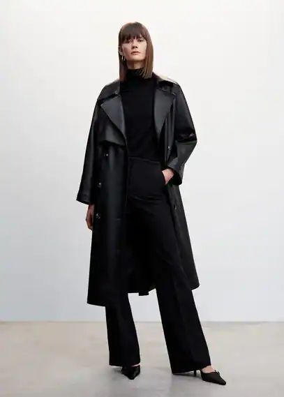Oversize leather-effect trench coat black - Woman - S - MANGO