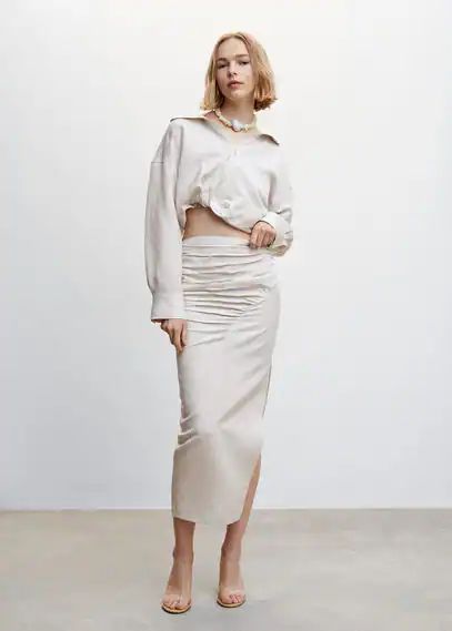 Linen skirt with gathered details beige - Woman - XS - MANGO