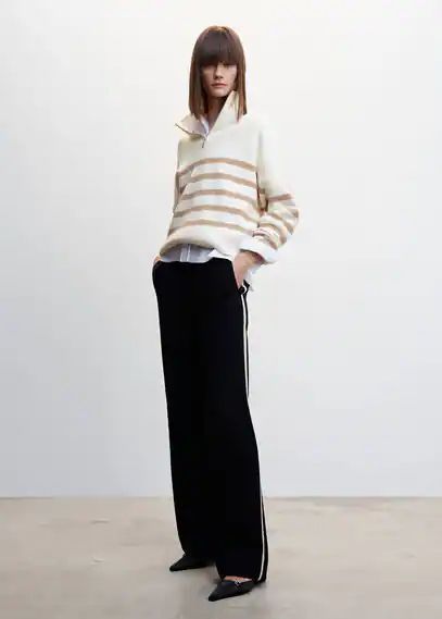 Striped sweater with zip sand - Woman - XXS - MANGO