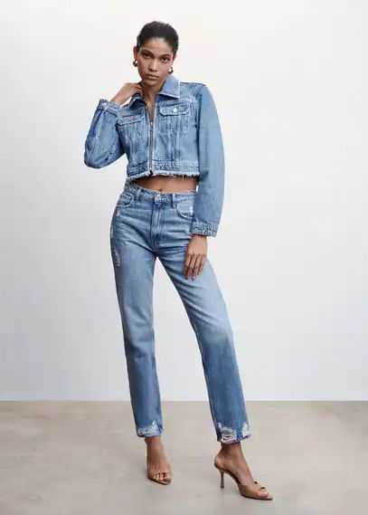 Ripped high-rise straight jeans medium blue - Woman - 6 - MANGO