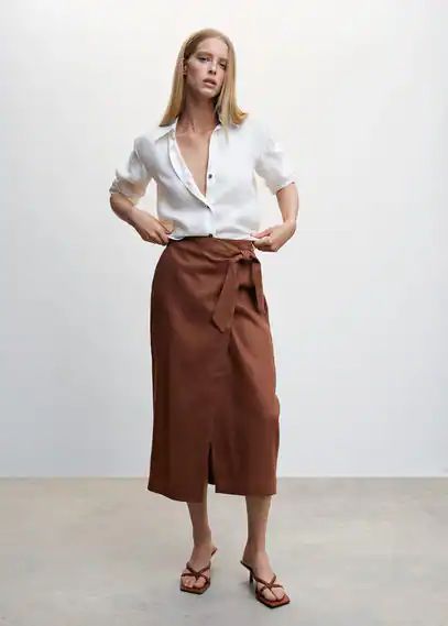 Linen-blend wrap skirt chocolate - Woman - XXS - MANGO