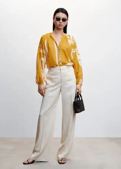 Puffed-sleeve printed shirt mustard - Woman - 6 - MANGO