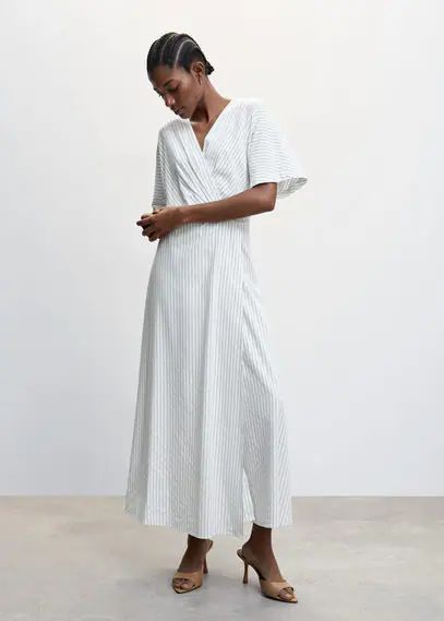 Striped wrap dress ecru - Woman - 4 - MANGO