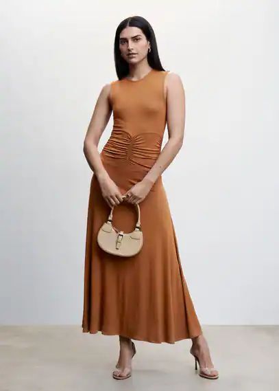 Dress with gathered waist caramel - Woman - 8 - MANGO