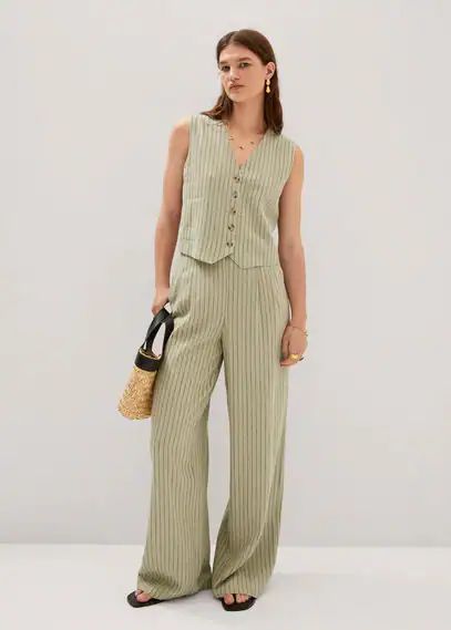 Pinstripe linen trousers pastel green - Woman - 6 - MANGO
