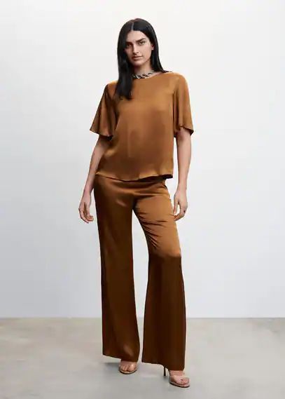 Satin palazzo trousers brown - Woman - S - MANGO