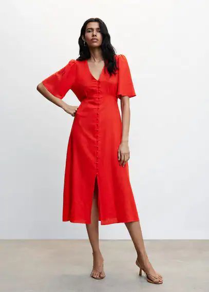 Buttoned linen-blend dress red - Woman - 6 - MANGO