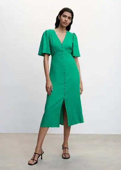 Buttoned linen-blend dress emerald green - Woman - 6 - MANGO
