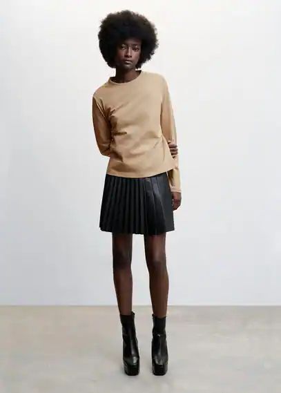 Long sleeve cotton t-shirt medium brown - Woman - XS - MANGO
