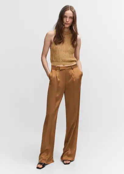 Satin-finish trousers with pleat detail brown - Woman - 4 - MANGO