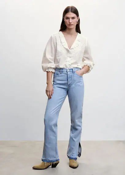 Embroidered puff sleeve blouse off white - Woman - 10 - MANGO