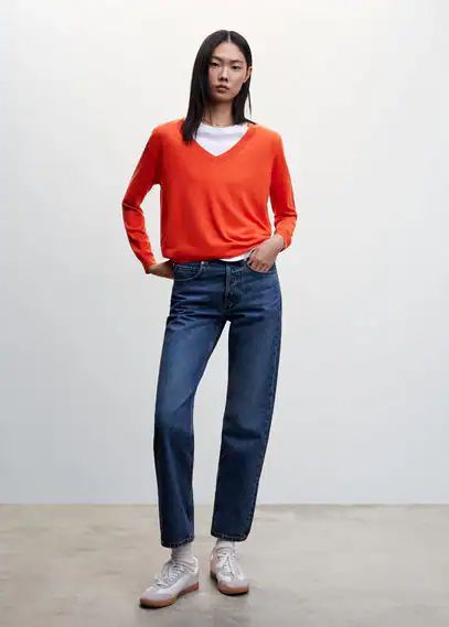 V-neck fine knit sweater dark orange - Woman - S - MANGO