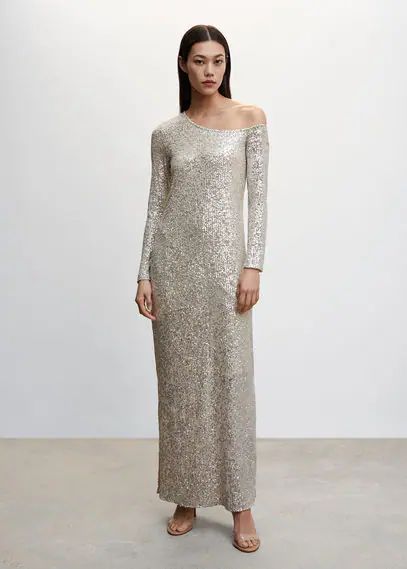 Asymmetric sequin dress silver - Woman - 8 - MANGO