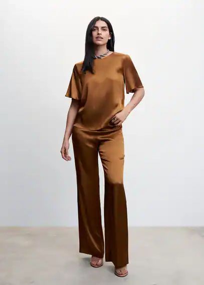 Satin blouse brown - Woman - 8 - MANGO