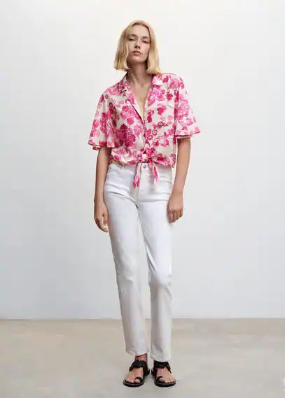 Floral shirt with knot fuchsia - Woman - 6 - MANGO
