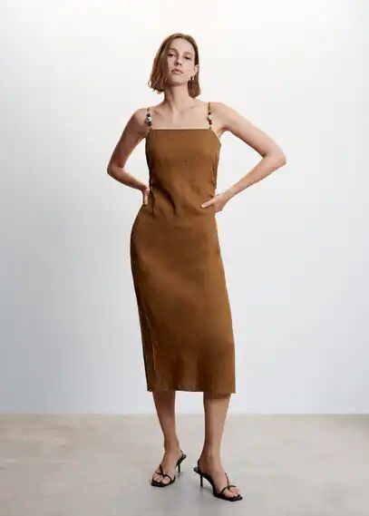 Linen dress with stone detail brown - Woman - 4 - MANGO