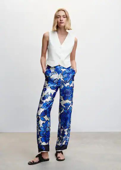 Floral satin trousers blue - Woman - XS - MANGO
