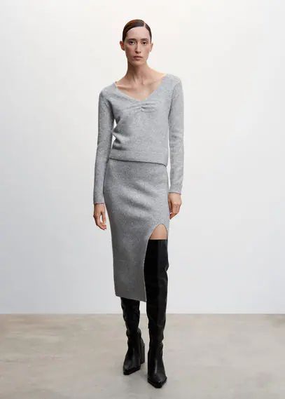Slit knitted skirt light heather grey - Woman - S - MANGO