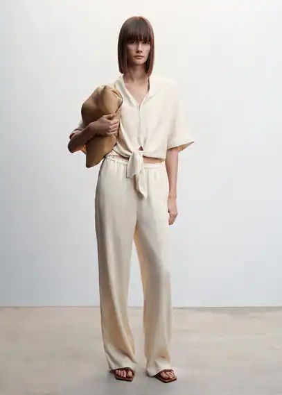 Satin pants with elastic waist beige - Woman - M - MANGO