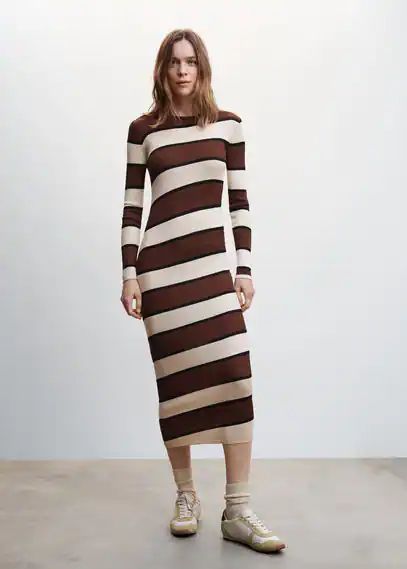 Striped ribbed knit dress brown - Woman - 8 - MANGO