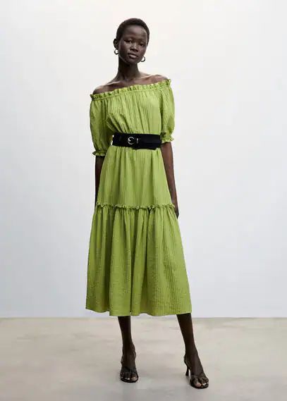 Puffed sleeves texture dress green - Woman - 14 - MANGO
