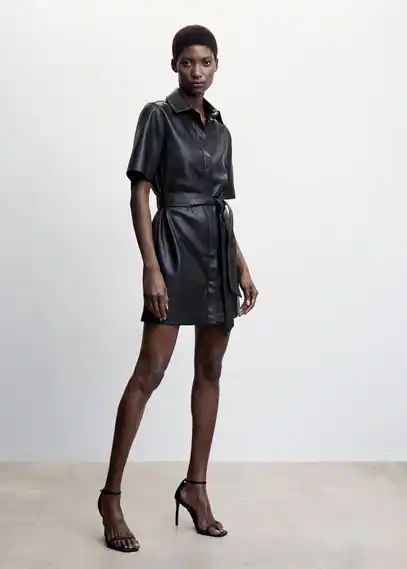 Faux-leather shirt dress black - Woman - 8 - MANGO