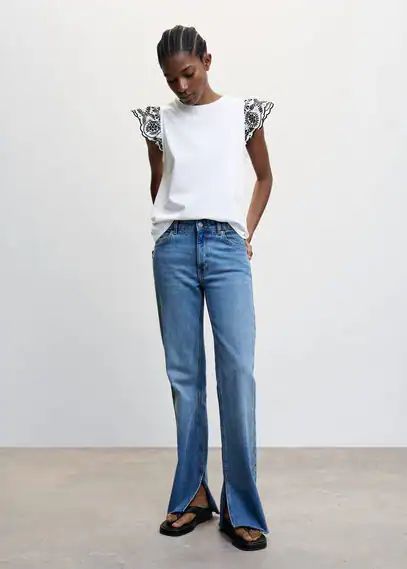 Embroidered sleeve T-shirt white - Woman - S - MANGO