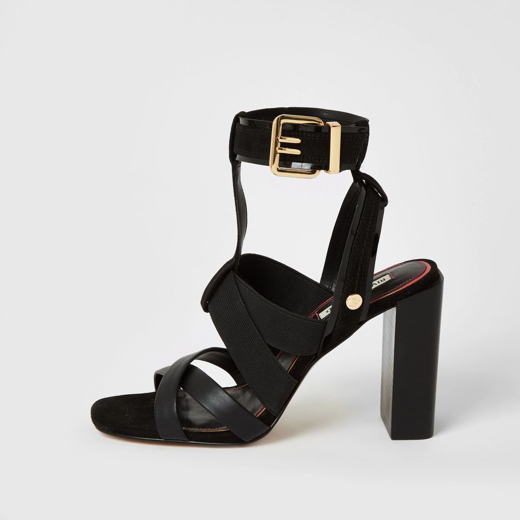 Womens Black elasticated strap block heel sandals
