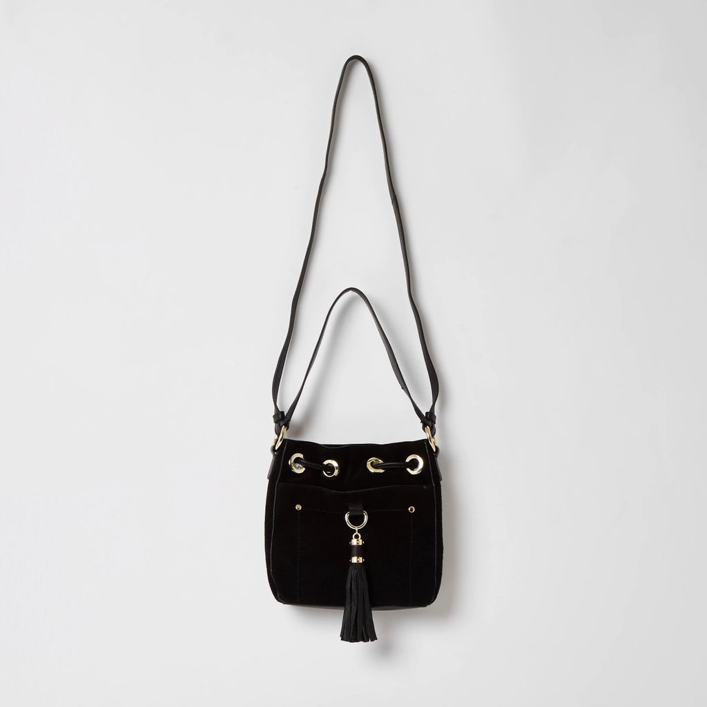 Womens Black leather tassel mini duffle handbag