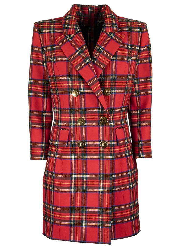Short Dress In Red Plaid Wool With Long Sleeves