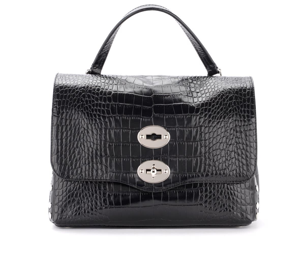 Postina Ritratto S Shoulder Bag In Black Shiny Leather With Crocodile Print