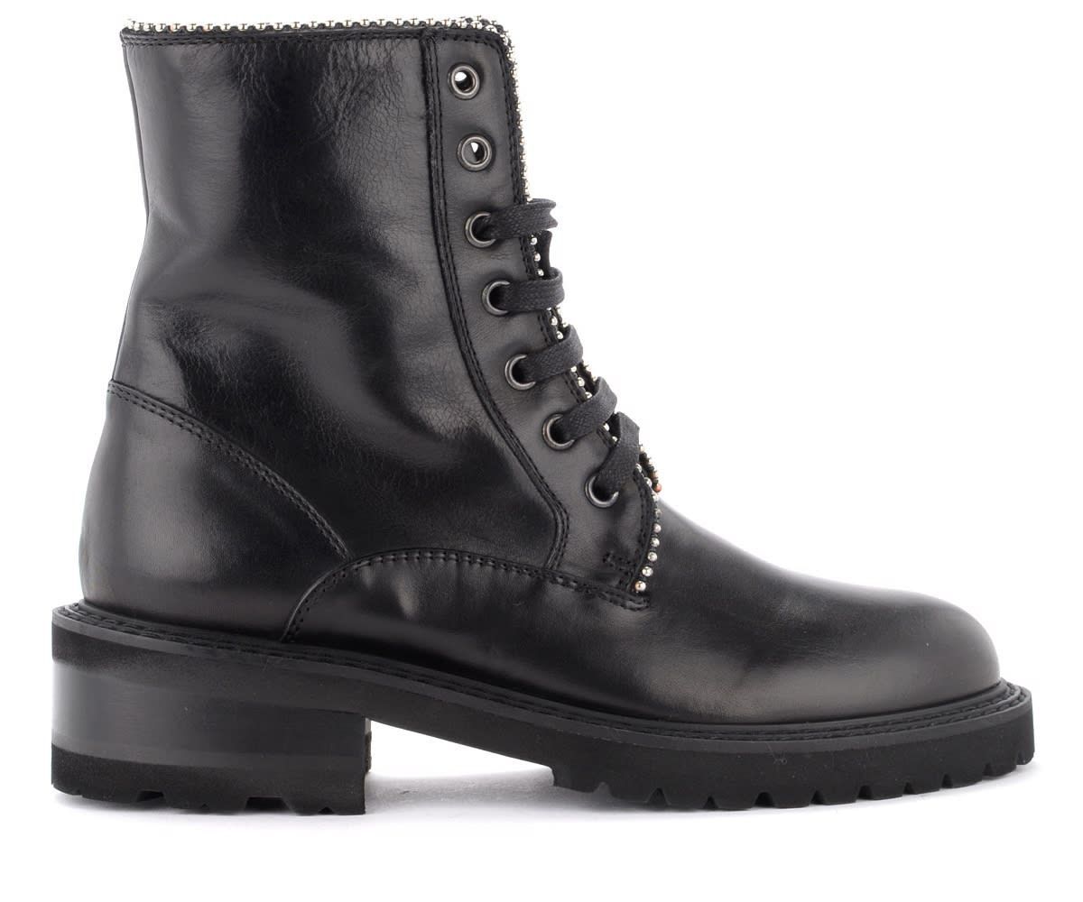 Combat Boot Made Of Black Leather With Round Silver Studs