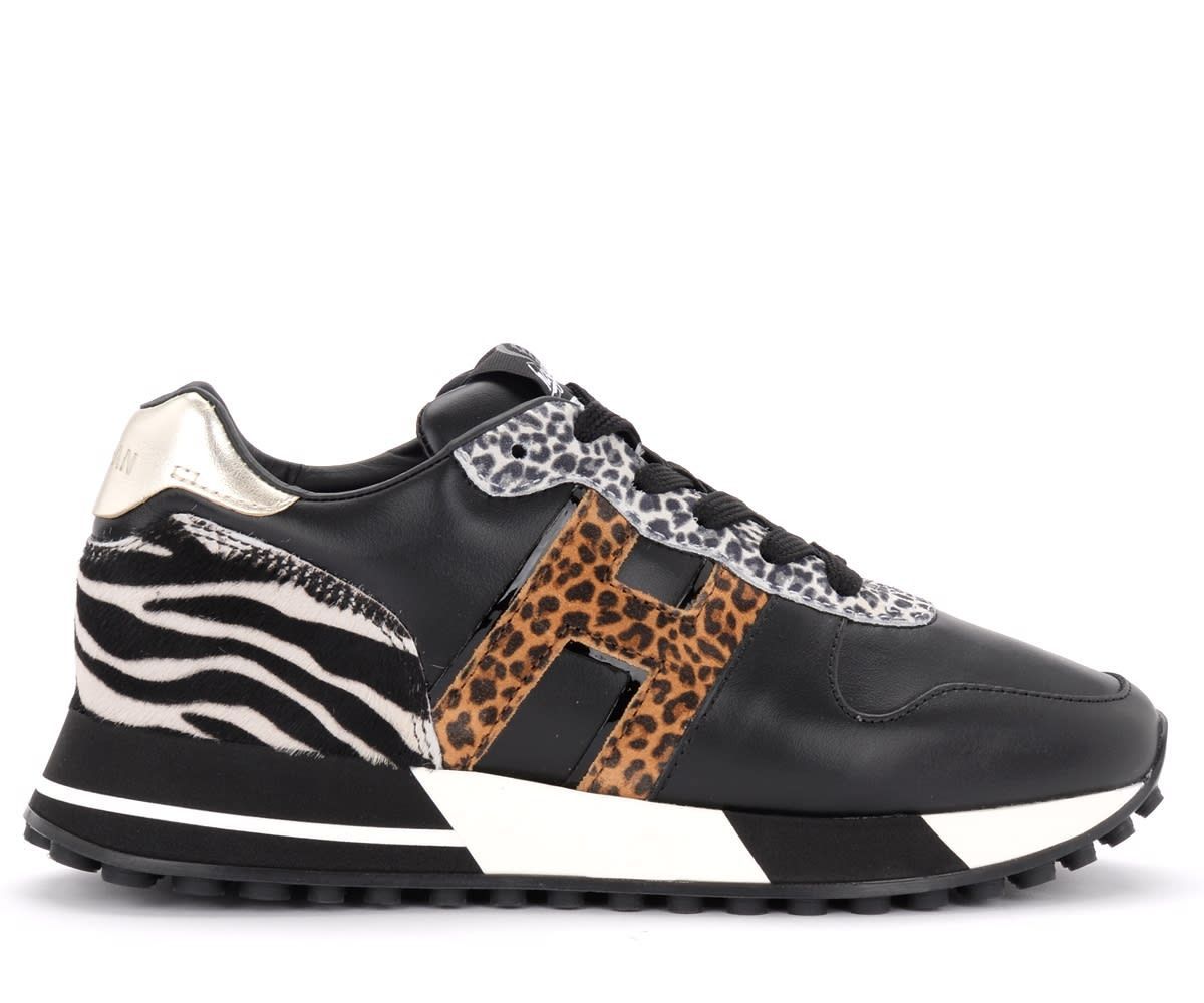 H383 Sneaker In Black Leather With Animalier Inserts
