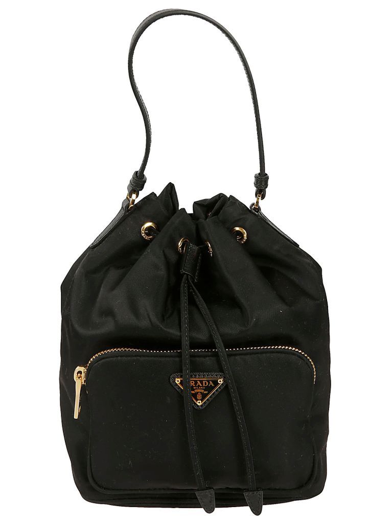 Front Zip Pocket Drawstring Bucket Bag