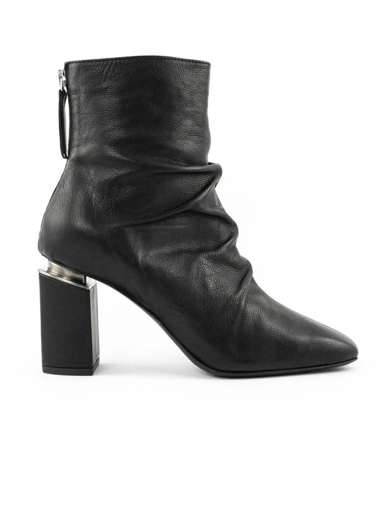 Black Leather Ruched Ankle Boots