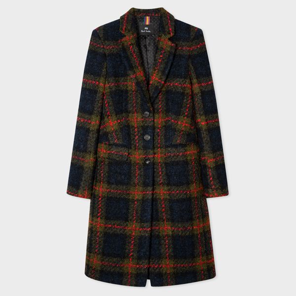 Women's Navy And Red Check Boucle Epsom Coat