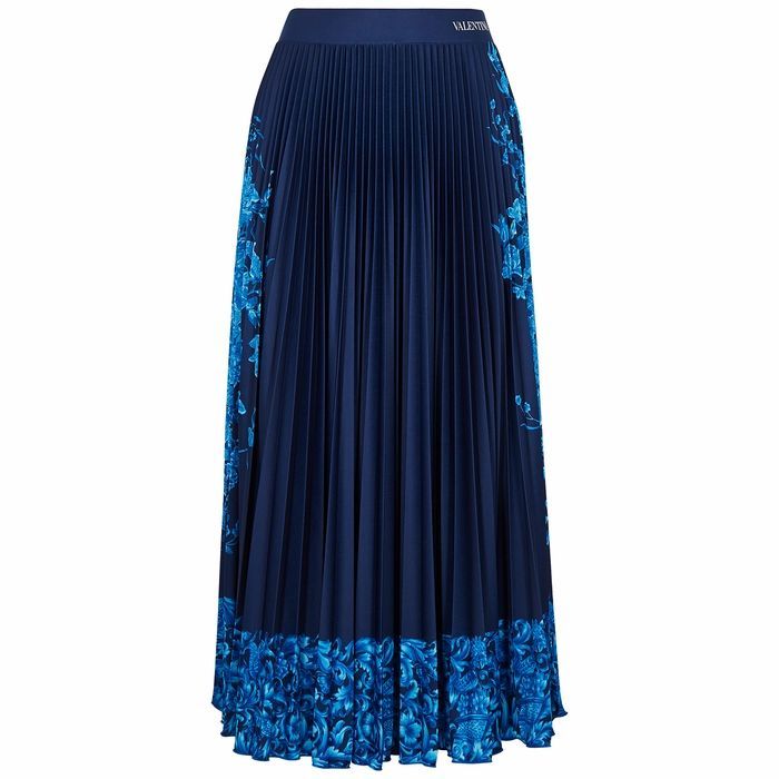 Navy Floral-print Pleated Jersey Midi Skirt