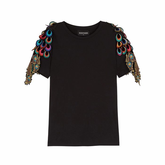 Peacock Feather-appliquéd Cotton T-shirt