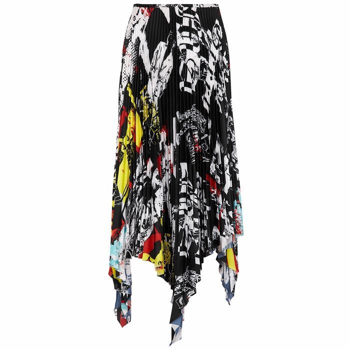 Printed Pleated Satin Midi Skirt