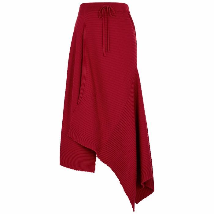 Red Asymmetric Merino Wool Midi Skirt