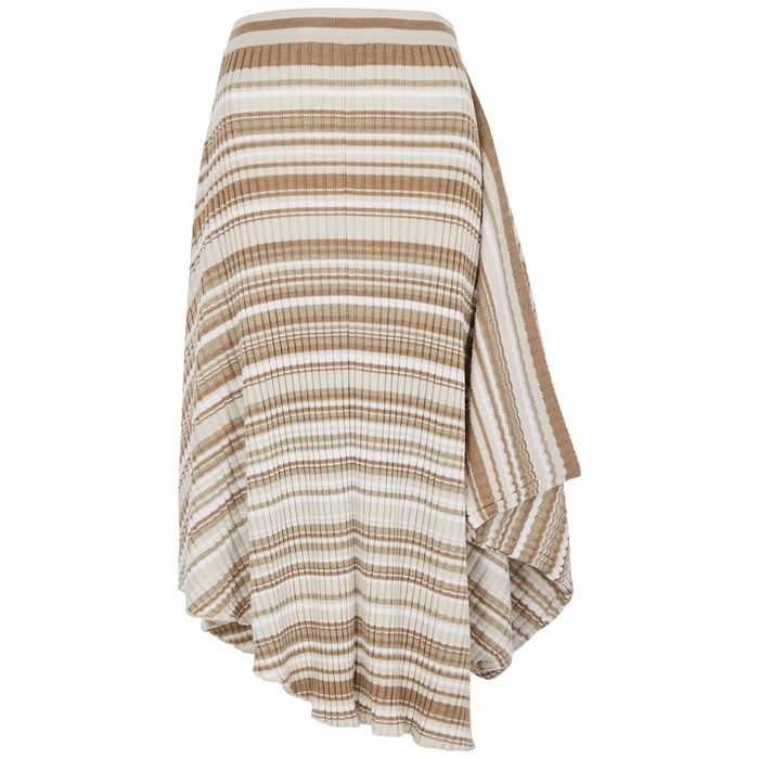 Brown Striped Draped Wool Midi Skirt