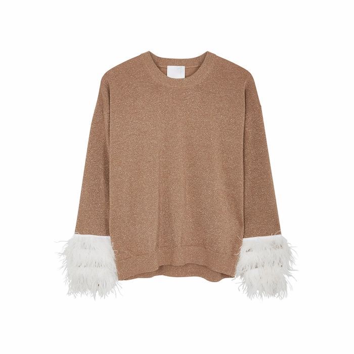 IN. NO Crystal Brown Feather-trimmed Wool-blend Jumper