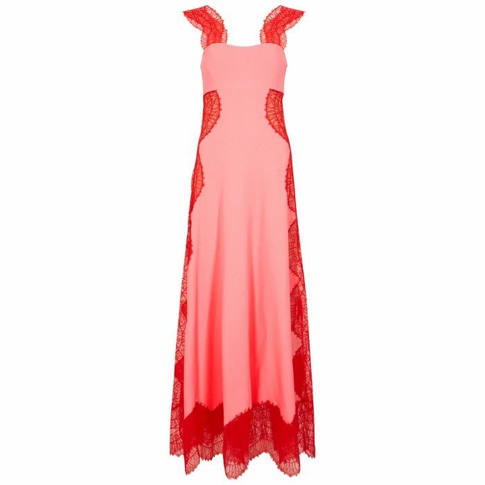 Pink Lace-trimmed Stretch-knit Gown