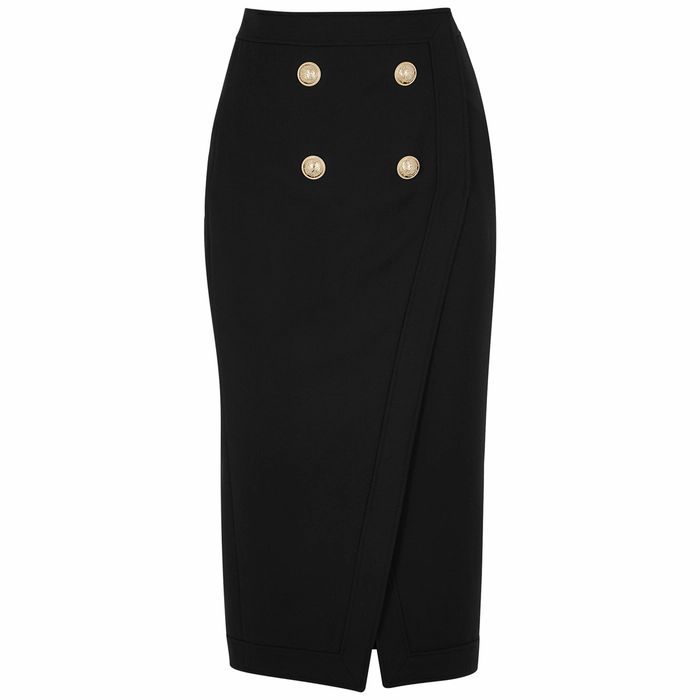 Black Wrap-effect Twill Midi Skirt
