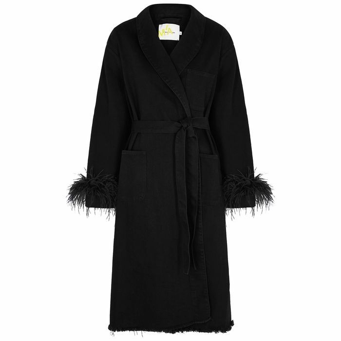 Black Feather-trimmed Denim Coat