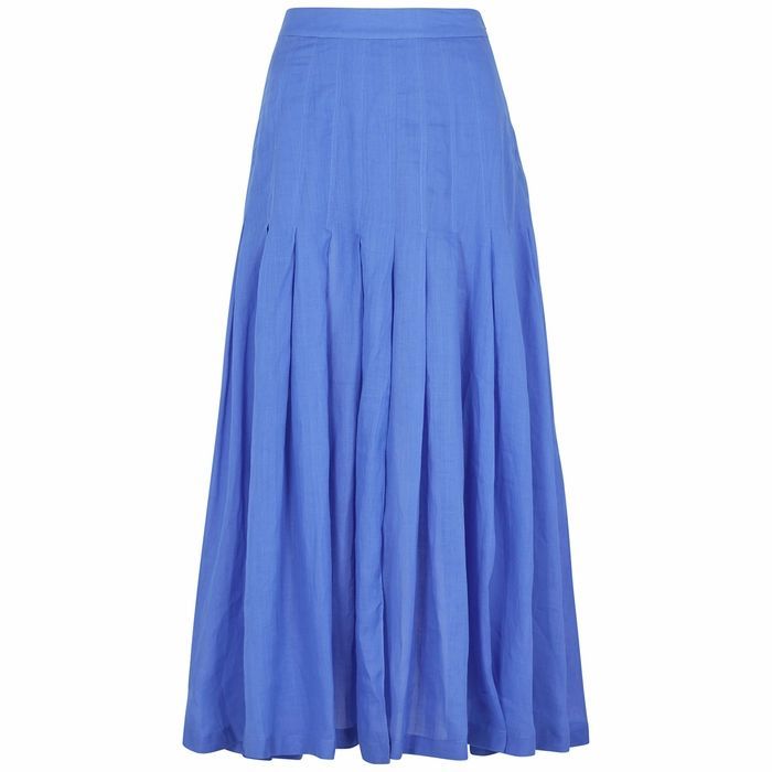 Elisa Blue Pleated Ramie Midi Skirt