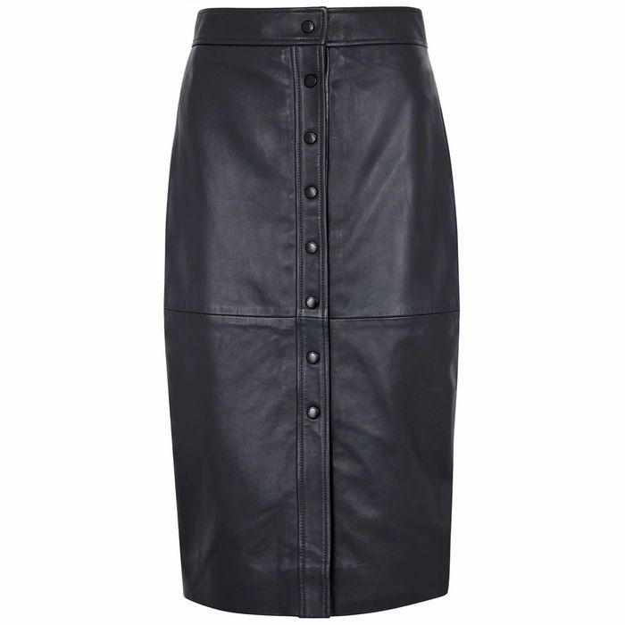 Violette Navy Leather Midi Skirt