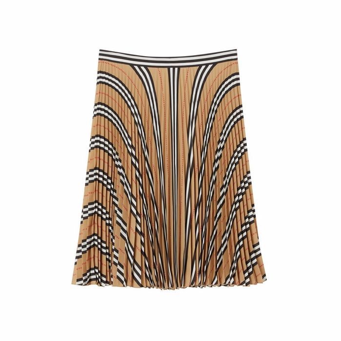 Logo And Stripe Print Crepe Pleated Skirt