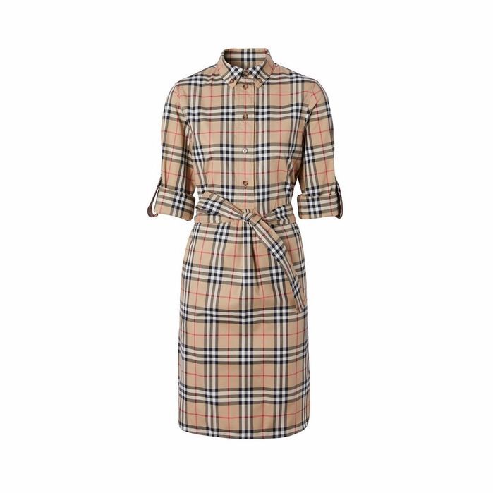 Vintage Check Stretch Cotton Tie-waist Shirt Dress