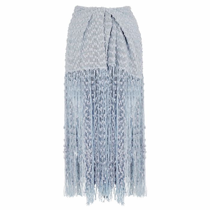 La Jupe Capri Blue Fringed Tweed Midi Skirt